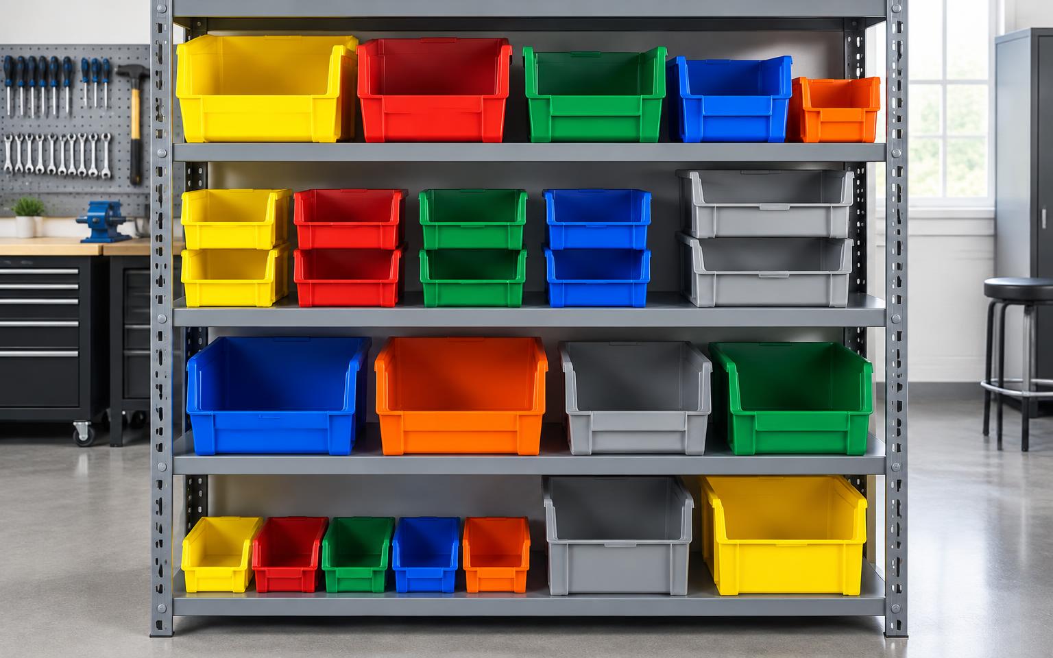 Caixas de stock coloridas numa estante metálica